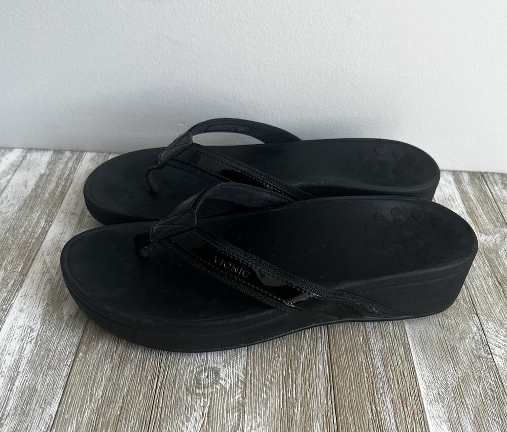 VIONIC High Tide Flip Flops Black Platform Thong Comfortable Sandals Women's 9